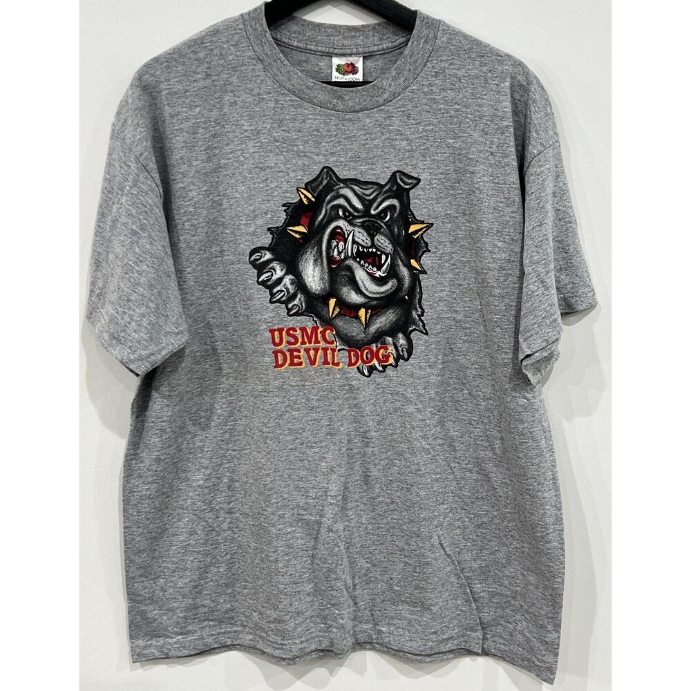 Vintage US Marines Devil Dog Graphic T-Shirt Men XL Red Fruit Of The Loom Tag